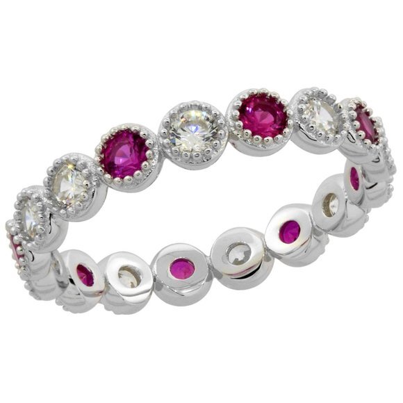 Sterling Silver Micro Pave Cubic Zirconia Ring Red & White 1/8 inch wide